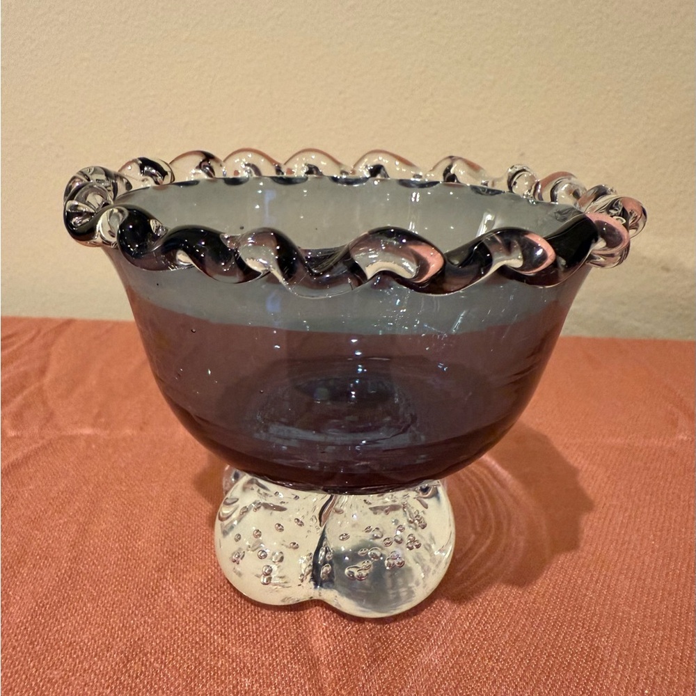 Vintage Art Glass Ruffled Crimped Bowl Bullicante Pedestal